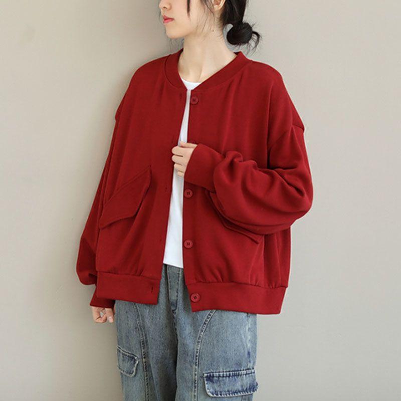 High cotton loose literary long-sleeved short jacket spring new solid color stand-up collar versatile casual meat-covering and thin top