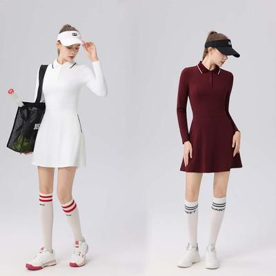 Womens Tennis Dress Long Sleeve Polo Neck Slim Fit With Side Pockets Athletic Workout Set