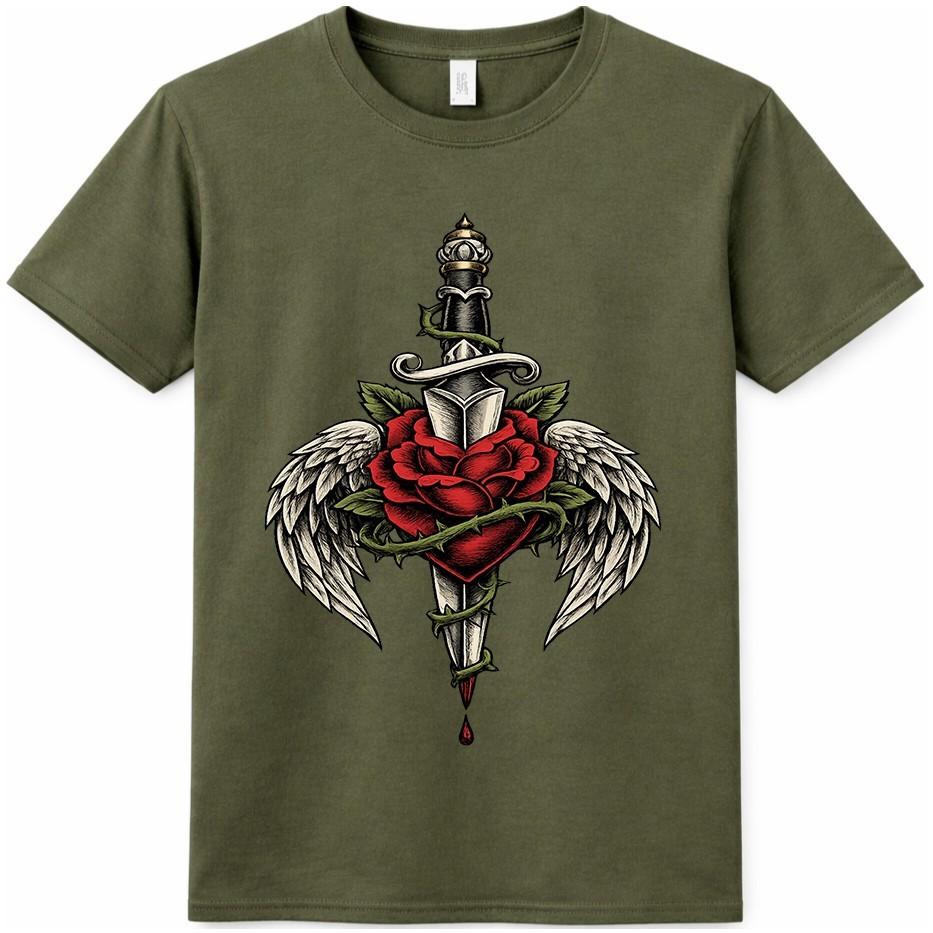 Dagger Rose T Shirt Angel Wings Gothic Tattoo Style Streetwear Graphic Tee