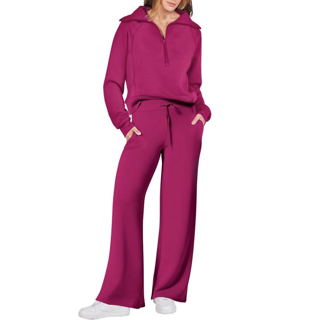 Women's Half Zip Lapel Long Sleeve Sweatshirt Wide Leg Pants Two Piece Tracksuit Solid Loose Casual Loungewear Set