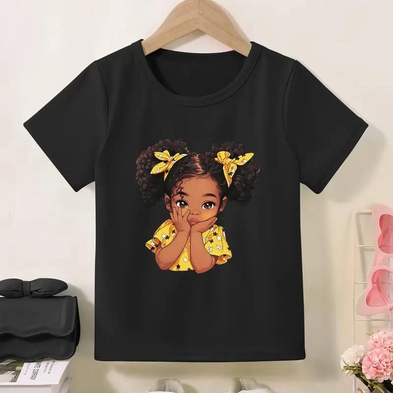 

Little Girl Print Summer Girls Colorful Children Tops Clothing Casual Loose Cute Cartoon Round Neck Short Sleeve Teenage T-shirt 100cm чорний
