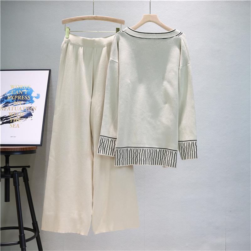 Women's Autumn And Winter Fashion Suit Loose Mid Length Knitted Top Wide Leg Pants Two Piece Set