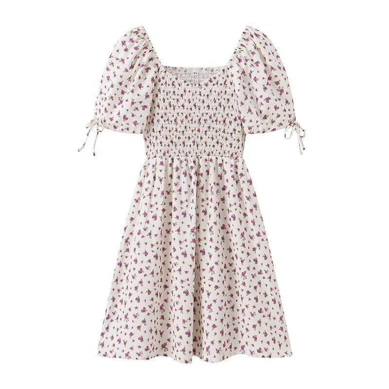 

Kaslead New Arrival Women s Clothing Fashion Style Fashion Casual Minimalist French Floral Short Sleeve Dress Purple flower color L