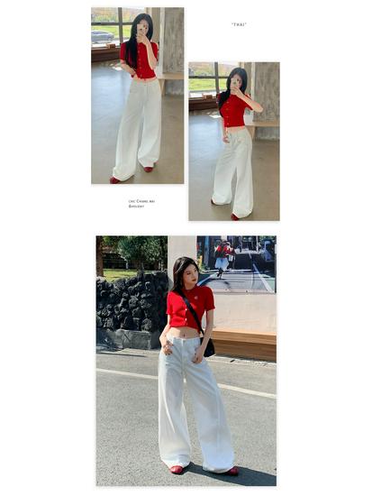 Versatile Retro High-Waisted Patchwork Wide-Leg Jeans for Women - Three Color Options, Loose Casual Straight Floor-Length Design.