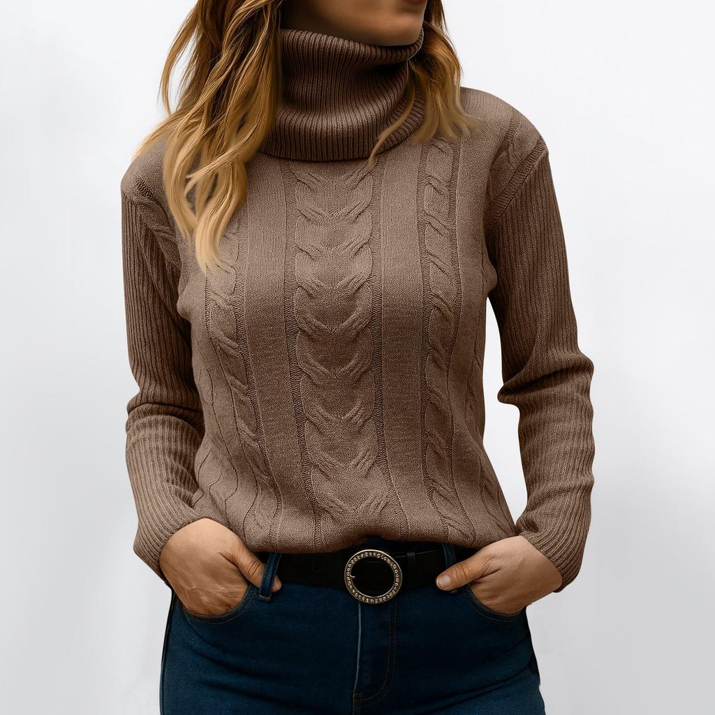 Women's Fashionable Solid Color High Neck Long Sleeved Sweater Pullover Sweater Top