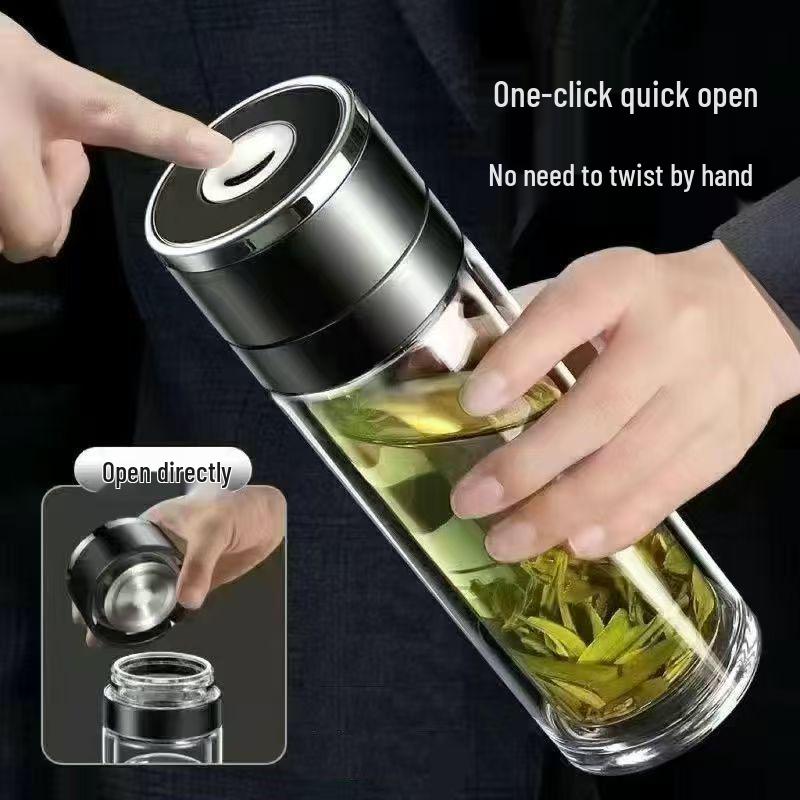 Tea and Water Separation Car-Mounted Quick-Open Press-Type Men s Double-Layer Glass Cup Silver - One-Button Open