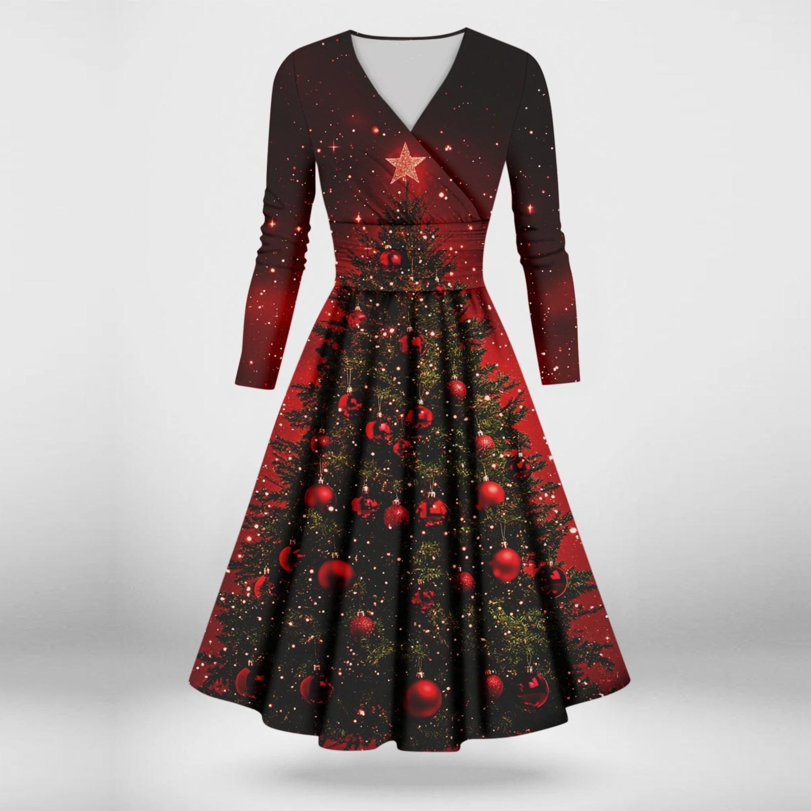 

Женское повседневное и модное сексуальное платье с v-образным вырезом и длинными рукавами с рождественским принтом XL винный