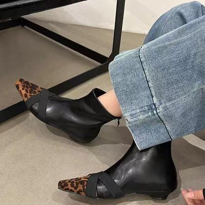 Fashion Leopard Women Suede Snow Ankle Boots Pointed Toe Shoes Mid Heels Snow Boots 2025 Winter New Sexy Leather Chelsea Zip Pumps Botas