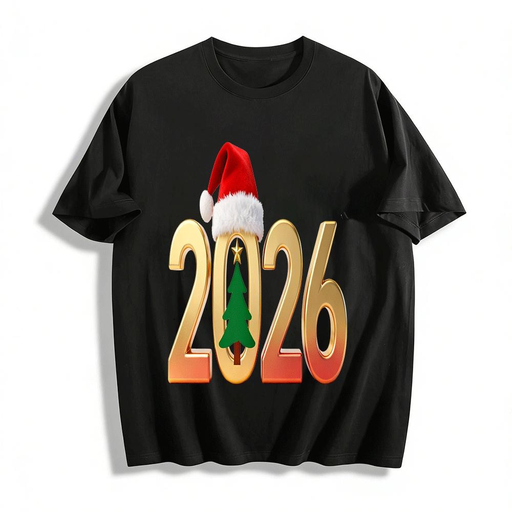 

2026 Christmas Themed Number Print Casual Crew Neck Long Sleeve Top Pure cotton T-shirt XXS