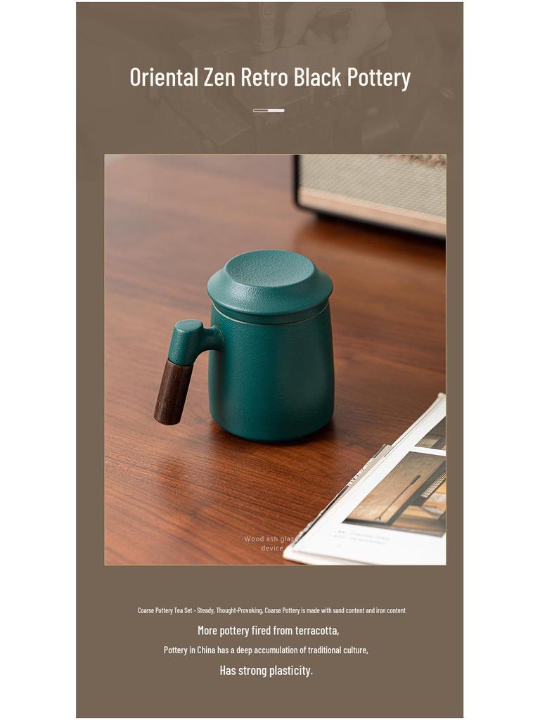 Black Pottery Ceramic Mug with Lid and Liner - Tea & Water Separation Cup, Ideal Office Gift
