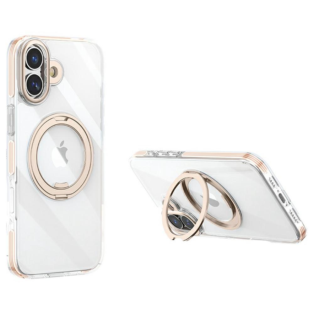 For iPhone 16 Plus Case Compatible with MagSafe Gear Fulcrum Kickstand Electroplating Lens Frame PC+TPU Phone Cover