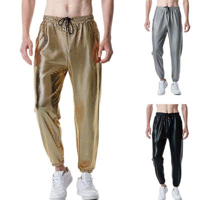Men Pants Drawstring Elastic Waist Rhombus Bronzing Metallic Retro 70s Disco Loose