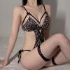 Women Sexy Lingerie Erotic Leopard Print Three-point Jumpsuit Porn Deep V Hollow Out Suspender Underwear Sex Costumes (Excluding Stockings)