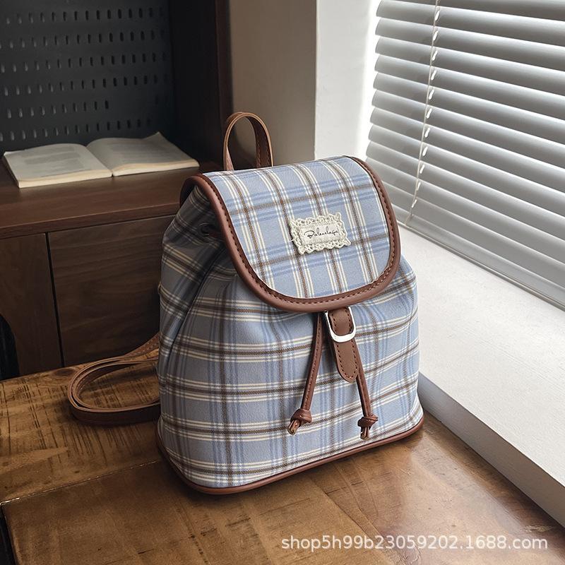 Niche Plaid Backpack Women's Retro College Style Casual Versatile Bucket Bag Fashion Student Commuter Backpack