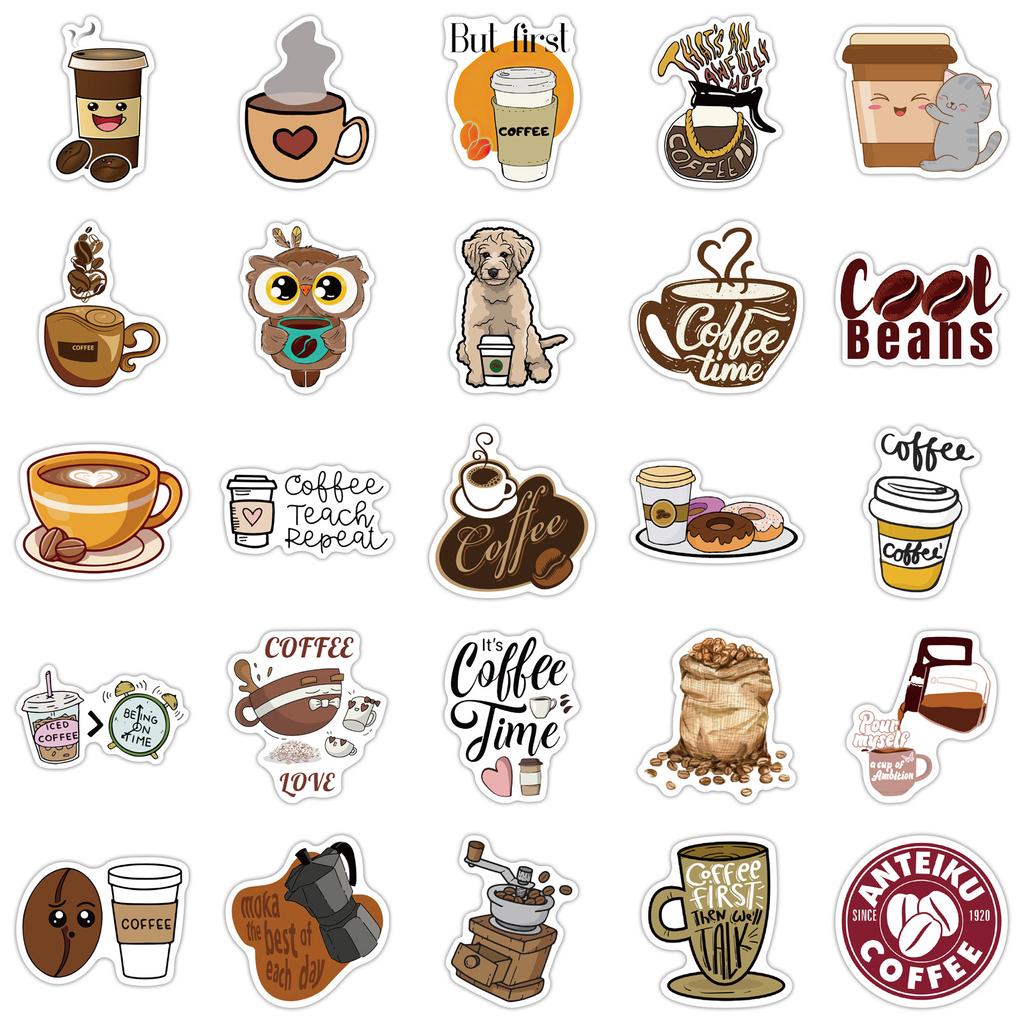 50 Cartoon Coffee Doodle Stickers Suitcase Motorcycle Laptop Waterproof Stickers