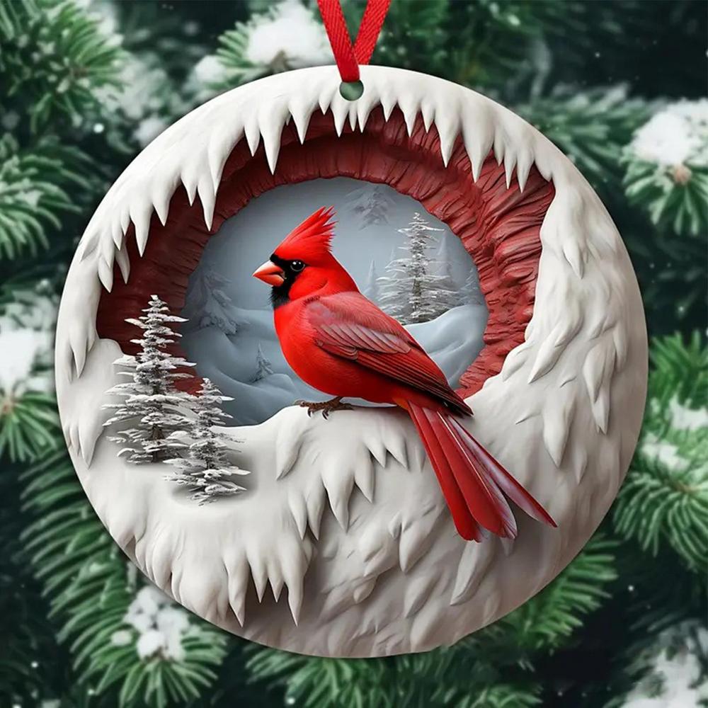 Red Bird Car Charm Wooden Red Birds For Christmas Tree Decorations 2D Red Bird Wooden Ornament For Christmas Tree Winter Holiday