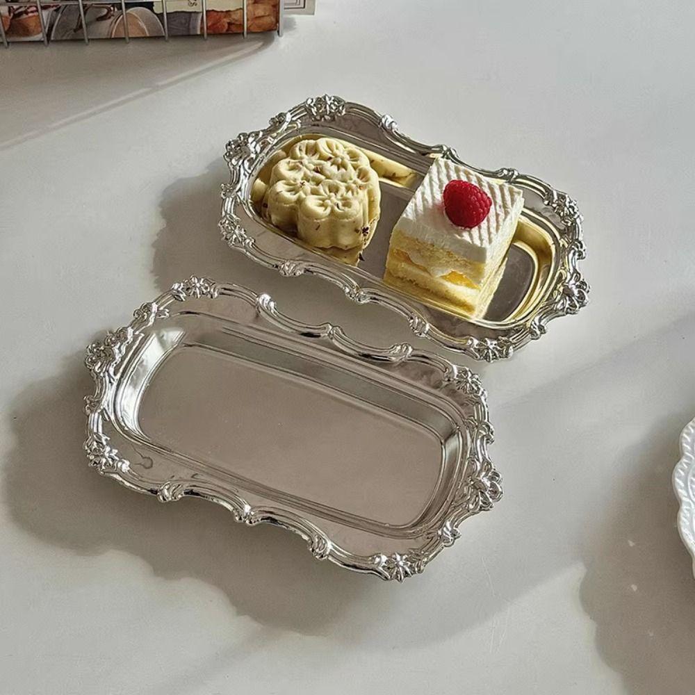 Embossed Design Retro Serving Platter Gold/Silver Jewelry Decoration Plate  Dining Table Decor