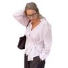 French cotton and linen shirt women's 1116 autumn design sense asymmetrical waist pink lapel shirt medium and long