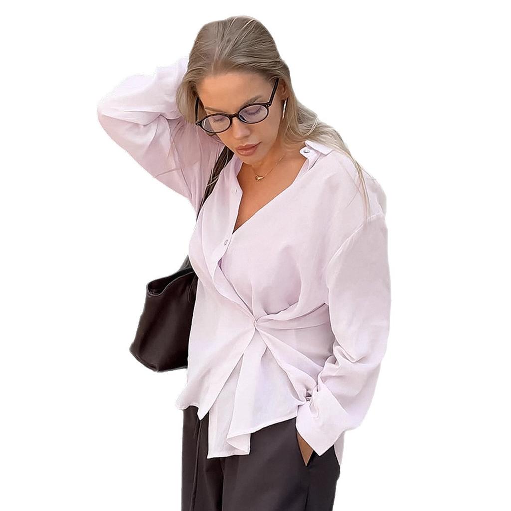 French cotton and linen shirt women's 1116 autumn design sense asymmetrical waist pink lapel shirt medium and long