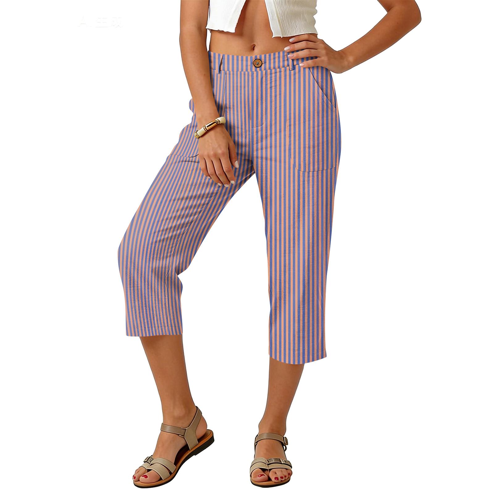 

Women’s Cropped Pants with Vertical Stripe Pattern Relaxed Fit Mid Rise Button Closure Casual Trousers with Pockets for Everyday Wear XXL синий
