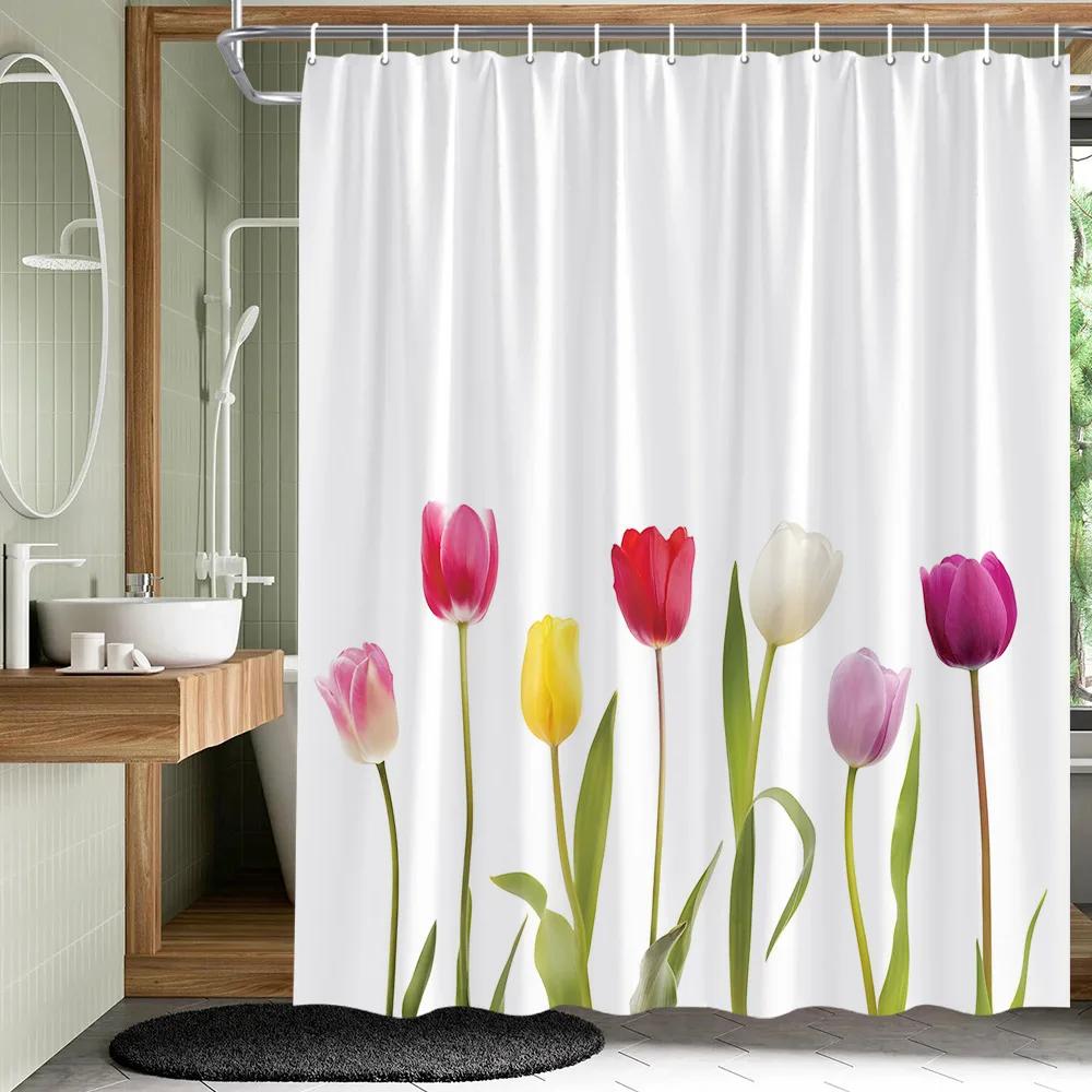 Plant Leaves Flower Shower Curtains Set Garden Floral Drum Tower Fabric Bathroom Decor Splash Resistant Partition Bath Curtains