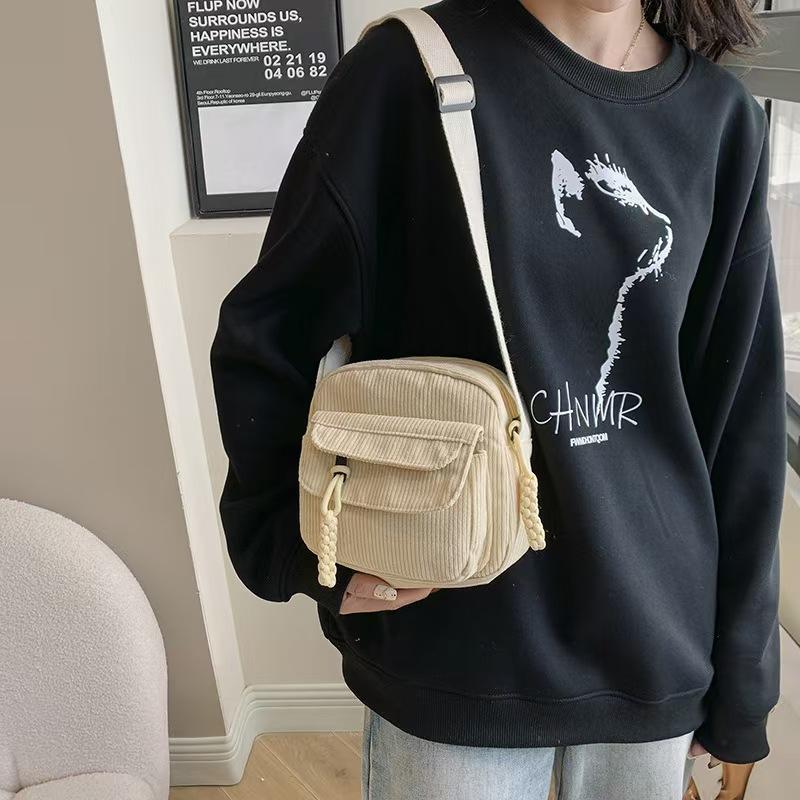 Corduroy Crossbody Bag for Women Casual Shoulder Messenger Bag Small Square Purse with Front Flap Pocket Adjustable Strap Lightweight Daily Handbag