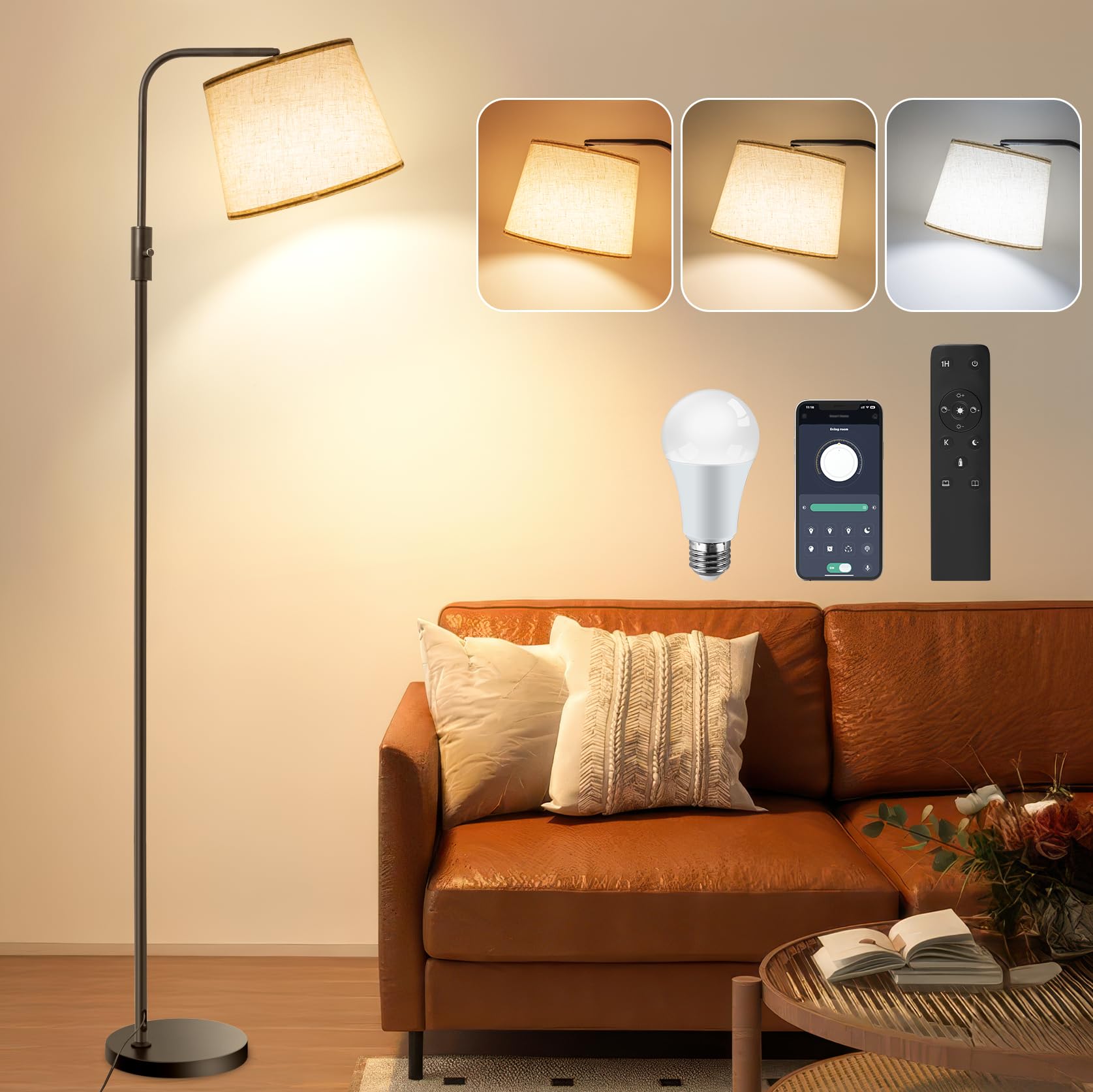 

12W LED Floor Lamp with Indirect Lighting, Stepless Dimming and Color Temperature Control, Remote ControlApp Control, Timer Function, Adjustable