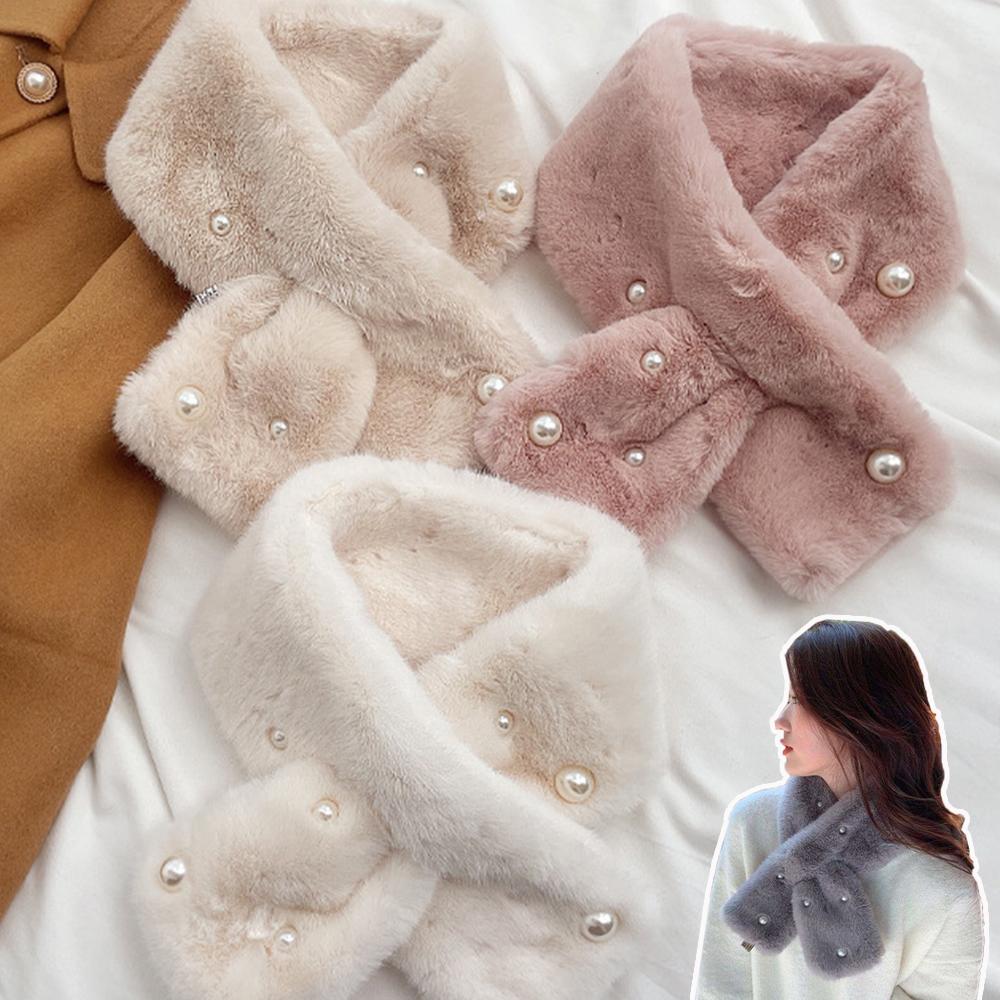 Pearl Faux Rabbit Fur Scarf Women Cute Neck Warmer Winter Warm Soft Furry Scarves Outdoor Windproof Cross Scarf Collar New