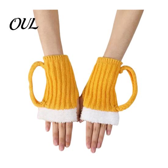 Humorous Costume Hat for Men And Women Funny Beer Mug Hat, Novelty Knitted Leg Warmers Outdoor Hiking Warm Headgear with Handles, Winter Gloves