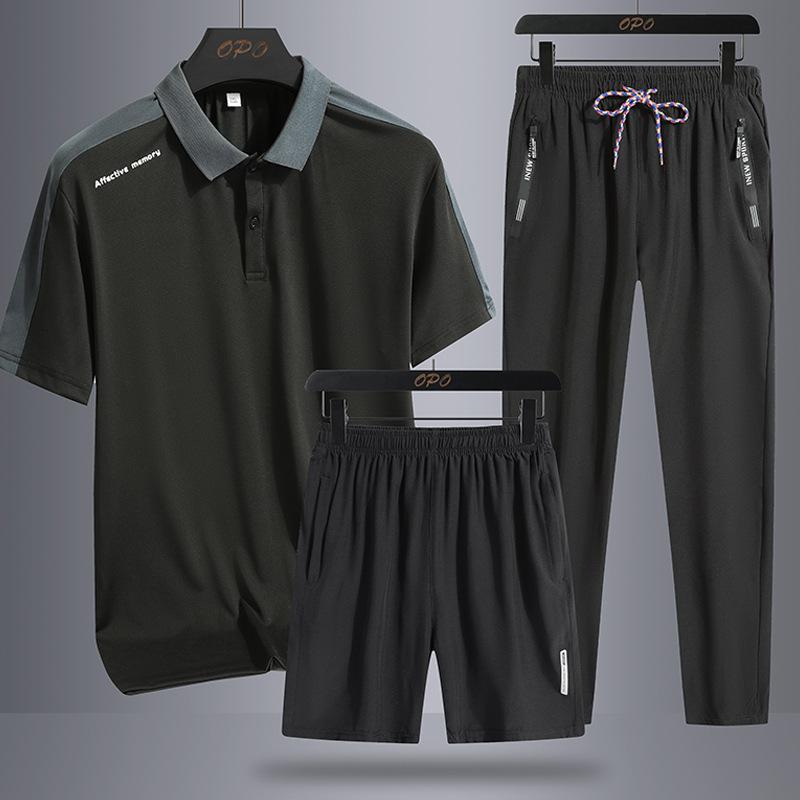 

Спортивный комплект, мужской повседневный крутой и дышащий эластичный поло с короткими рукавами, летний комплект из трех предметов, мужская одежда XXXL чёрный