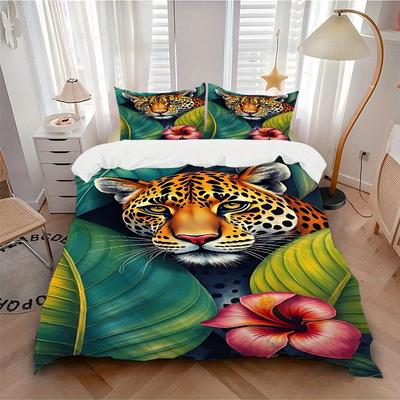 3pcs Jungle Leopard Bedding Cover Set, Fashion Classic Popular Print Bedding Set, Soft Comfortable, All - Season Use, For Bedroom, Guest Room094