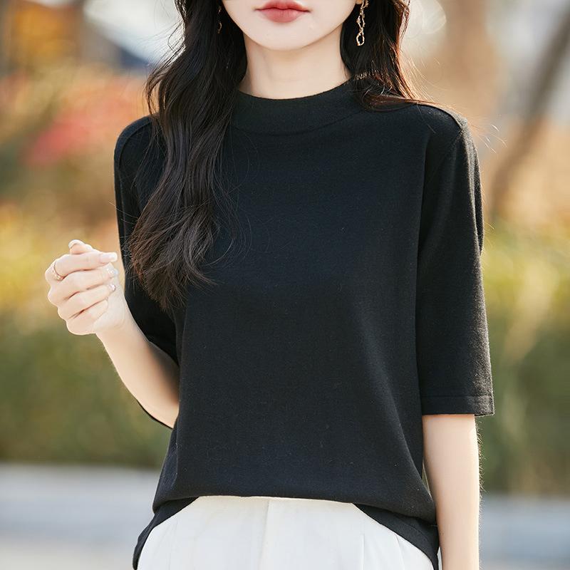 Half-high Round Neck Knit Short-sleeve Top, 2026 Spring-summer New Women's Solid Color Pullover Base Shirt