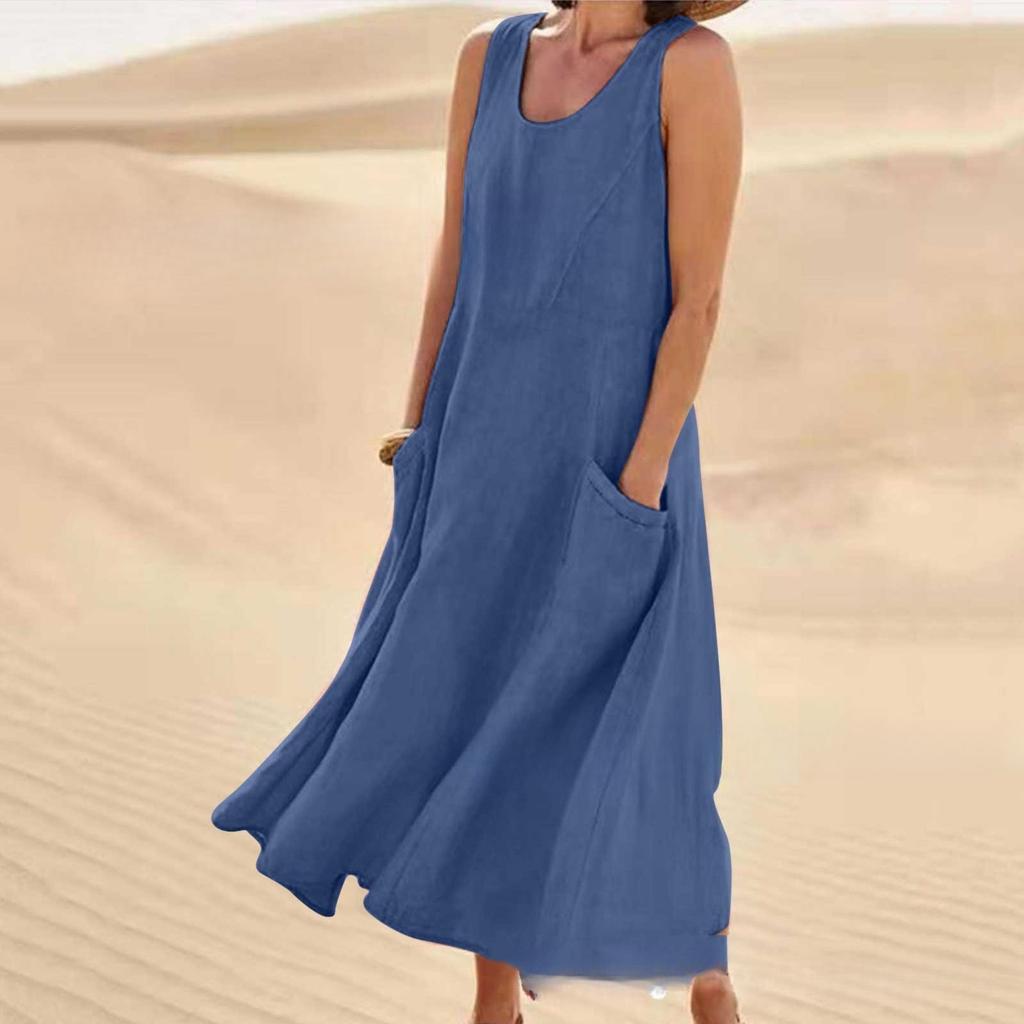 VEZFAA Women's Fashion Summer Spring Solid Color Print Sleeveless U-Neck Loose Waistlinet Casual Dresses