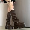 Herbst Winter Vintage Dicke Sohle Damen Ritterstiefel Mode Gürtelschnalle Schuhe Damen Höhenerhöhung Slipper Lange Stiefeletten
