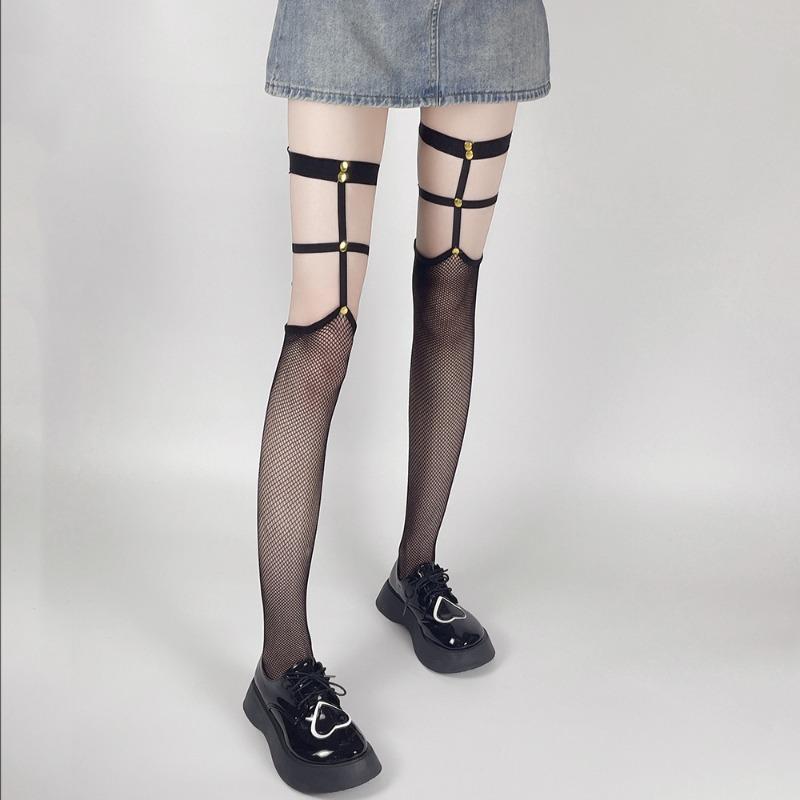 Ladies' Black Rivet Fishing Net Knee High Socks Hollow Socks Long Black Silk Suspender Sexy Silk Mesh Stockings