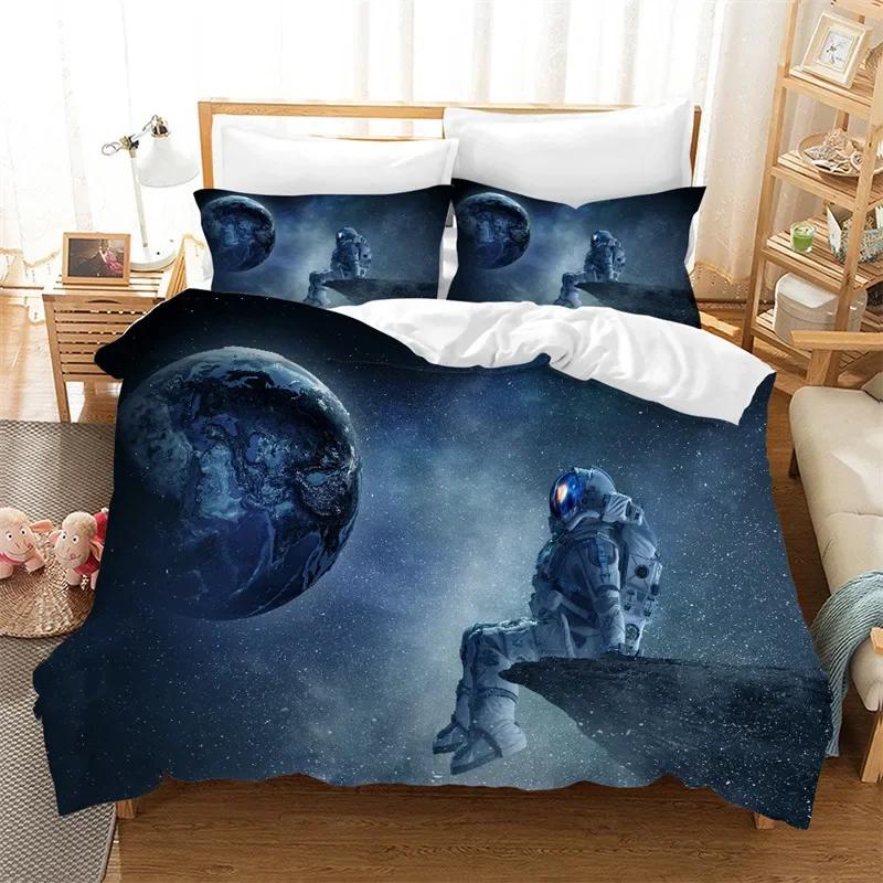 Cartoon Astronaut Duvet Cover Twin King Galaxy Bedding Set Outer Space Planet Star Quilt Cover for Kids Boys Girls Bedroom Decor