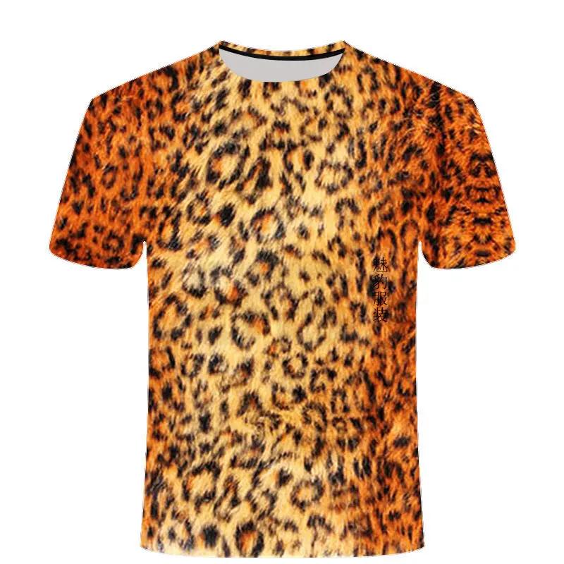 Leopard Printing T-shirt Contrasting Stripes Fleck O-neck T Shirt For Men And Women's Summer Fashion Comfortable Top