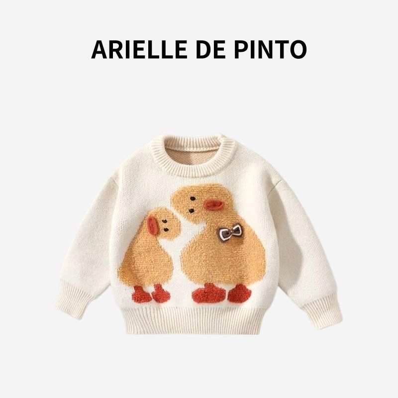 French Arielle De Pinto Knitted Sweater for Boys and Girls, Autumn and Winter Versatile Cute Cartoon Duck Pullover 1484-Beige Thickened 140
