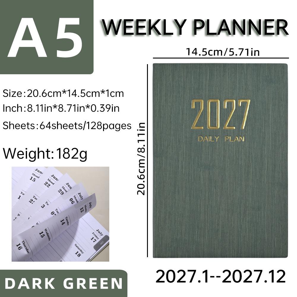 2027 A5 English Leather Weekly Planner Notebook with Daily Plan and Annual Calendar