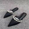 Fashion Baotou Flat Shoes Spring New Style Pointed Head Shallow Mouth Suede Beaded Soft Sole Anti-slip Wear-resistant Slippers
