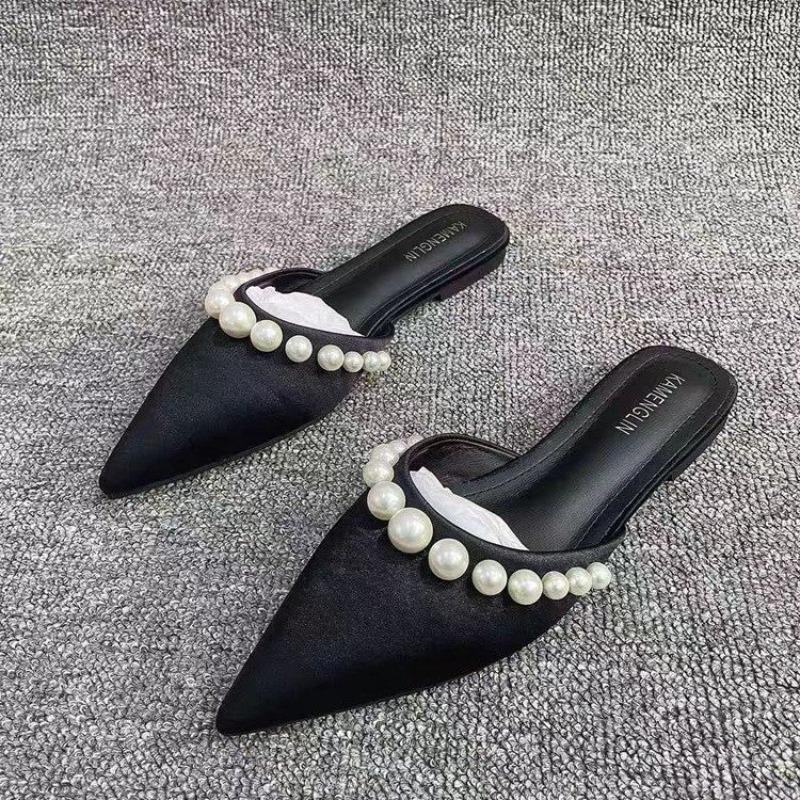 Fashion Baotou Flat Shoes Spring New Style Pointed Head Shallow Mouth Suede Beaded Soft Sole Anti-slip Wear-resistant Slippers