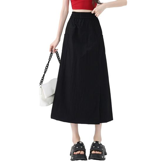 Women Cargo Pants Elastic High Waist Wide-Leg Skirt Pants with Pockets Solid Color Summer Thin Leisure Trousers