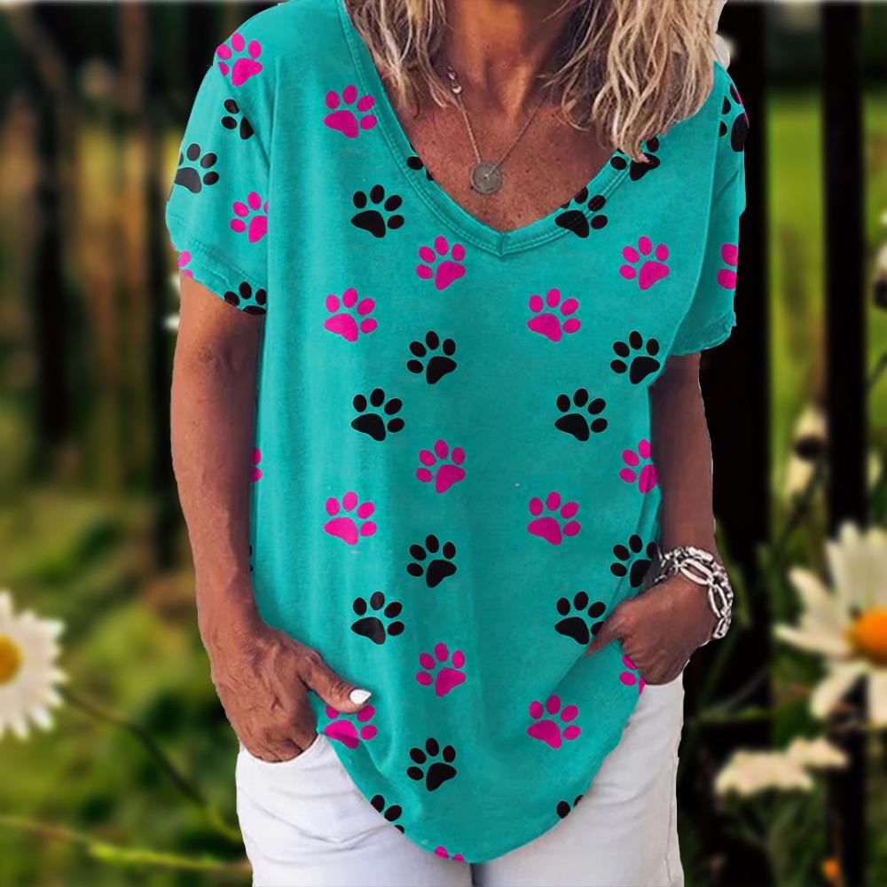 New Rainbow Watercolor Dog Paw 3D Printing T-shirt Women's V-neck Casual Short-sleeved Y2k Top Harajuku Tees Clothing