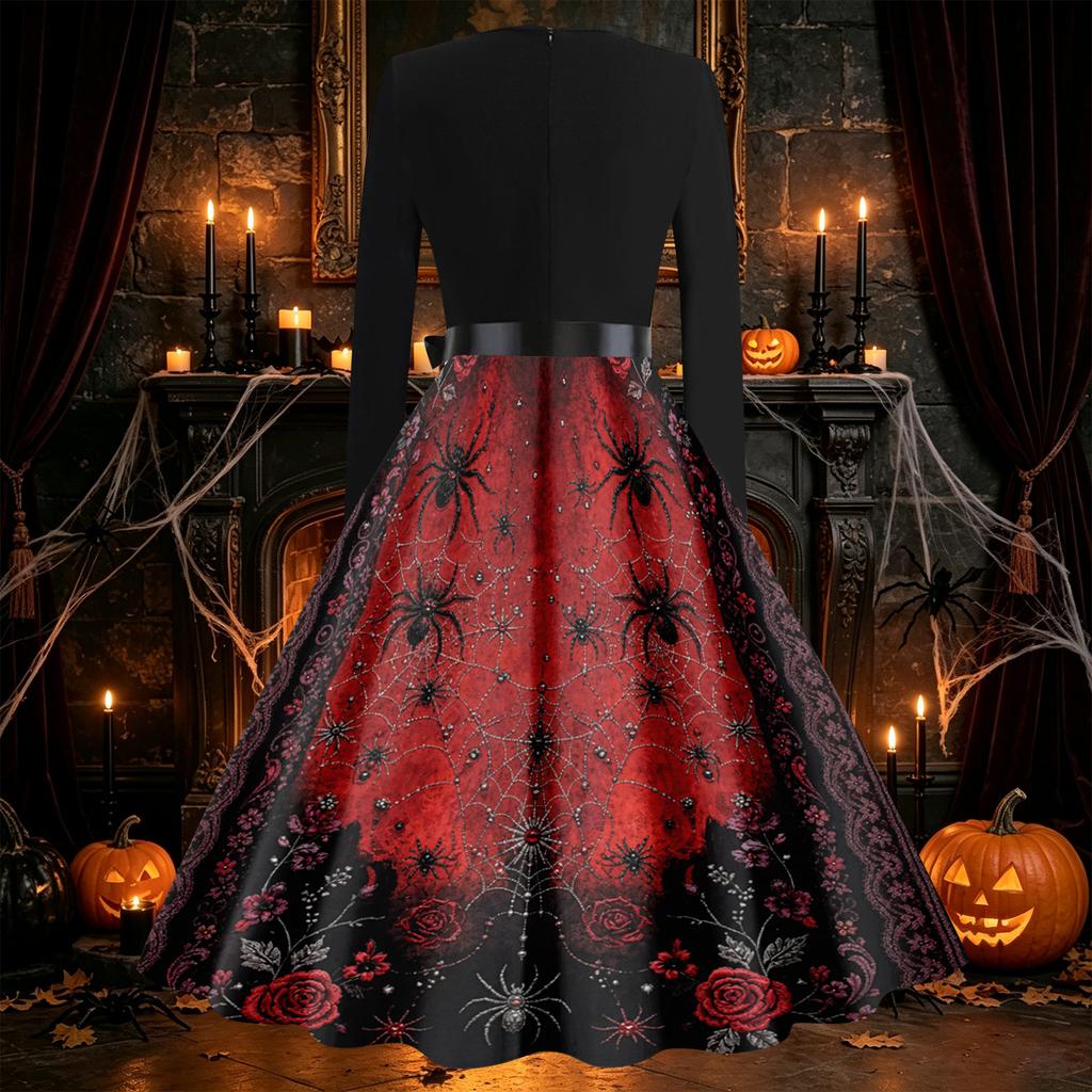 Women's Vintage Long Sleeve Halloween Print V-Neck Flared Dress for Party