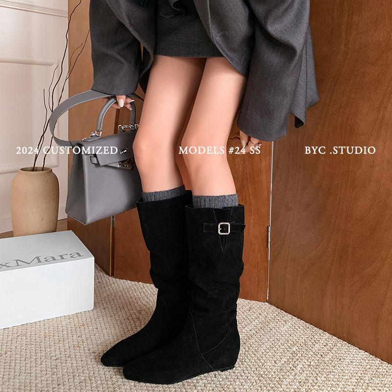 Double 12 Careful Machine~ Cao Thin Two Wear~ Small Square Head Matte Leather Inner Height Increasing Boots 2025 Full Leather Stacking Boots