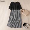 ZANZEA Women Casual Round Neck Short Sleeve Grid Print Patchwork Dress