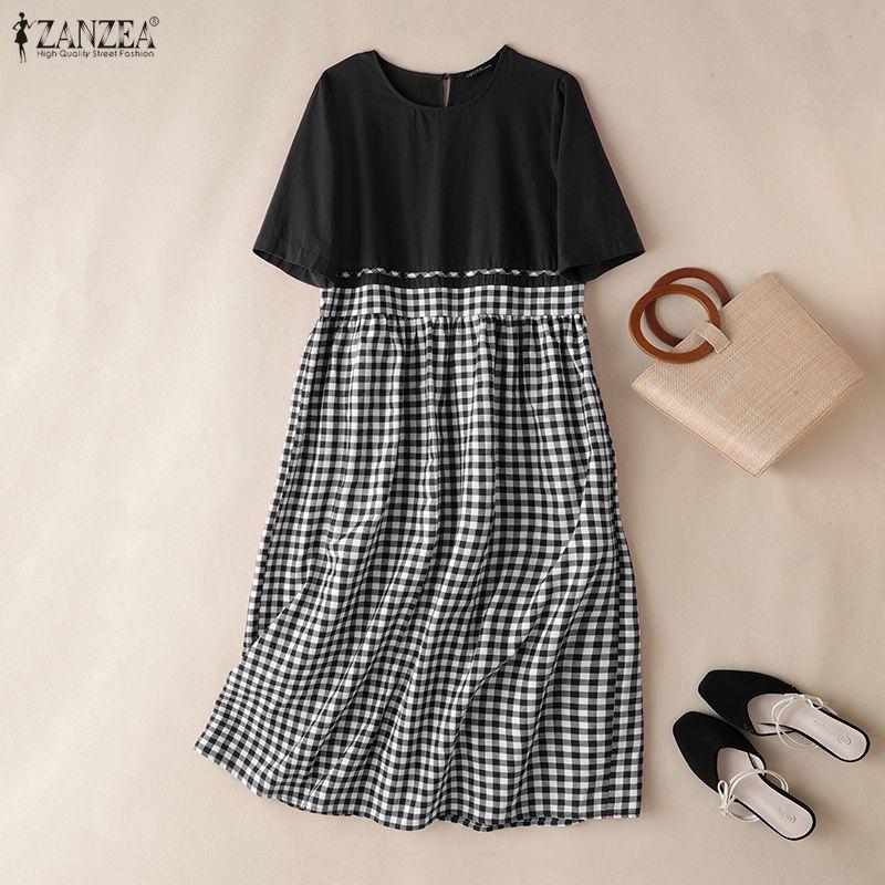 ZANZEA Women Casual Round Neck Short Sleeve Grid Print Patchwork Dress