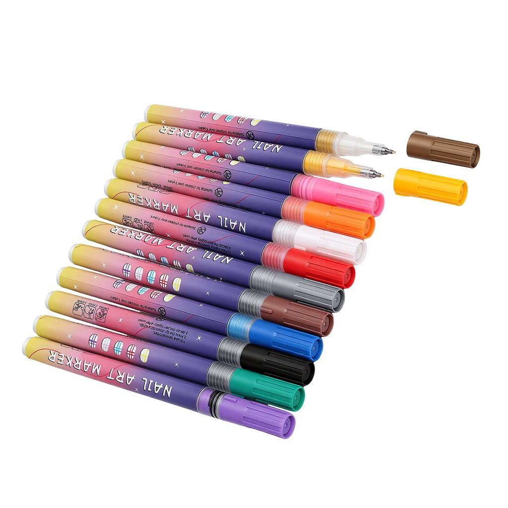 Set di Pennarelli per Nail Art 0,5 mm Punta Fine Impermeabile Asciugatura Rapida Pennarelli per Pittura Unghie Fai da Te per Principianti 12 Pezzi