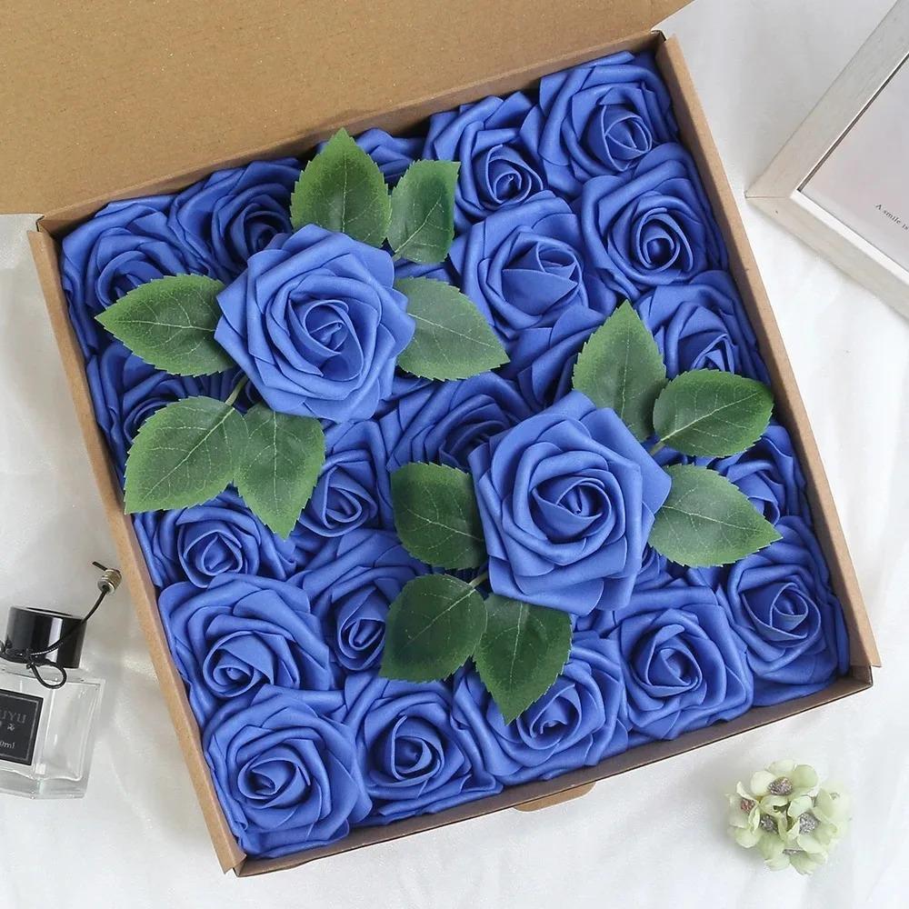 

25Pcs Foam Artificial Flower With Stems Leaf Rose Head DIY Crafts Gifts Home Room Decor Wedding Decoration Navidad Accessories 25Pcs