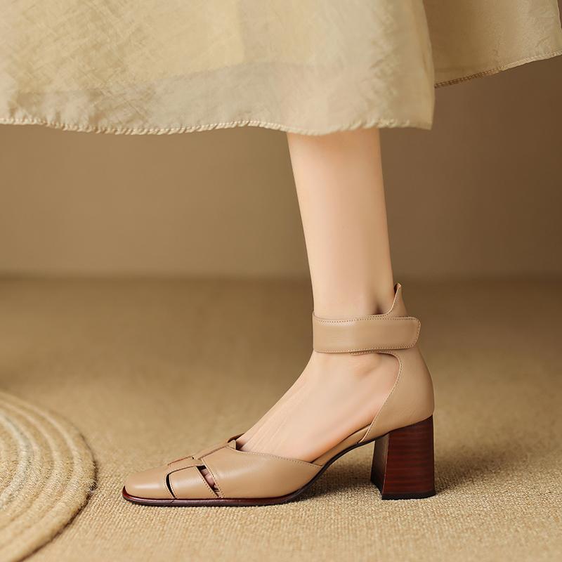 2024 Summer Women Shoes Cover Toe Chunky Heel Women Sandals Genuine Leather Shoes for Women Sandals Retro High Heel Roman Shoes